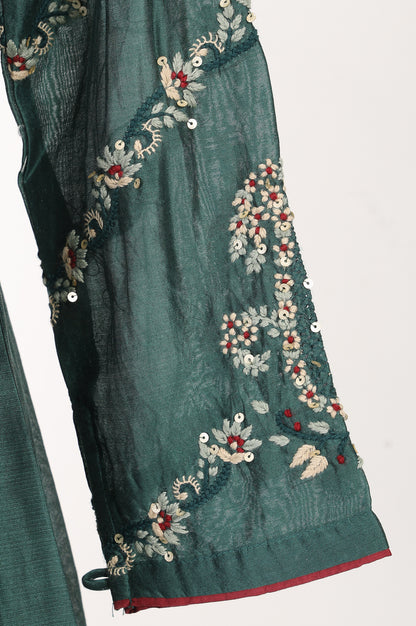 Green Thread Embroidered Cotton Silk Flared Kurta With Pants and Dupatta Set