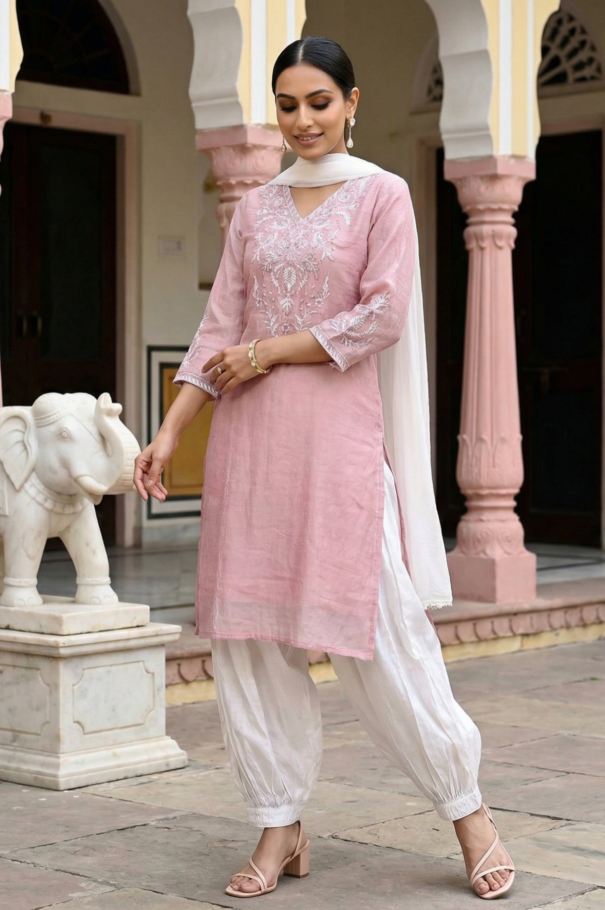 Rose Pink Zari Embroidered Cotton Blend Straight Kurta with Salwar and Dupatta Set - S