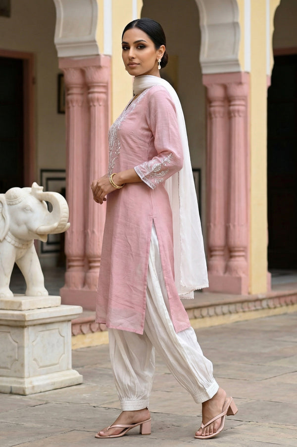 Rose Pink Zari Embroidered Cotton Blend Straight Kurta with Salwar and Dupatta Set