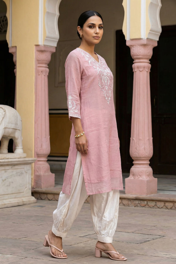 Rose Pink Zari Embroidered Cotton Blend Straight Kurta with Salwar and Dupatta Set