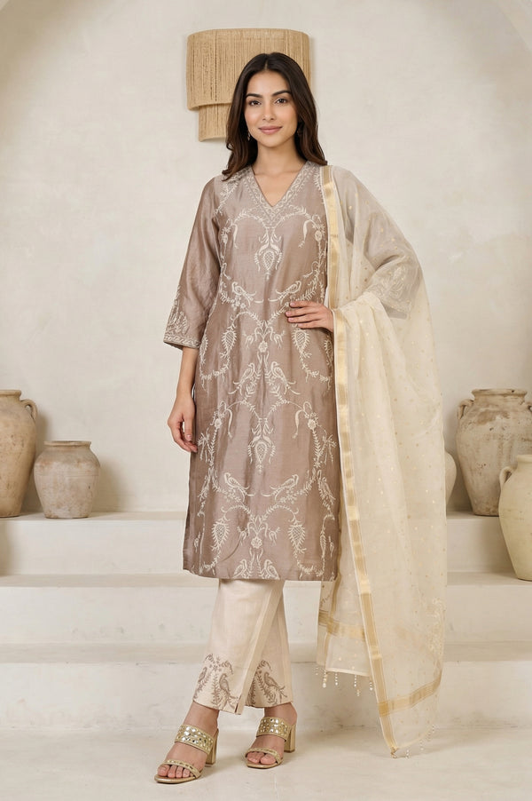 Brown Embroidered Cotton Blend Straight Kurta with Pants and Dupatta Set