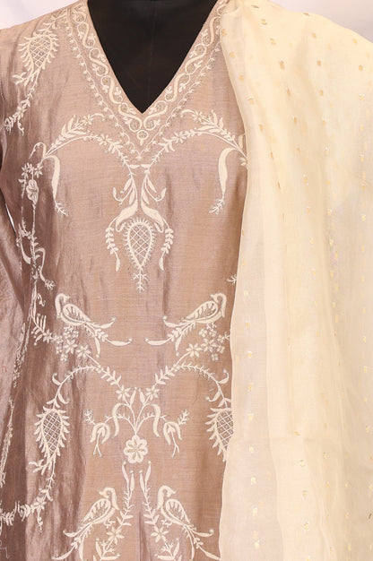 Brown Embroidered Cotton Blend Straight Kurta with Pants and Dupatta Set