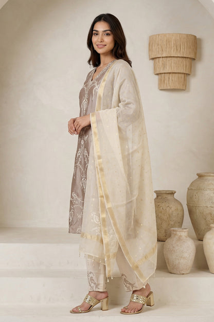 Brown Embroidered Cotton Blend Straight Kurta with Pants and Dupatta Set