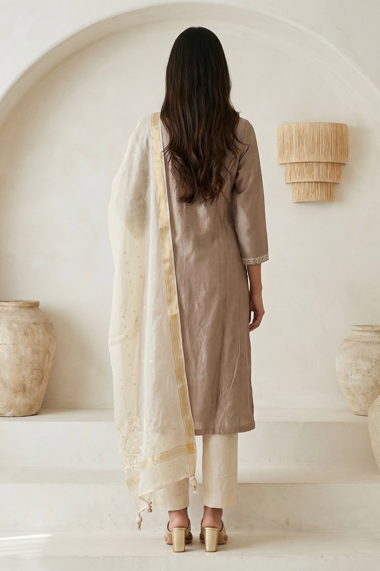 Brown Embroidered Cotton Blend Straight Kurta with Pants and Dupatta Set