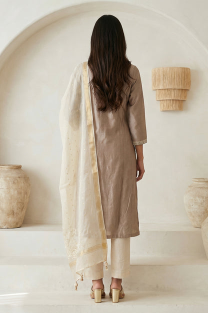 Brown Embroidered Cotton Blend Straight Kurta with Pants and Dupatta Set