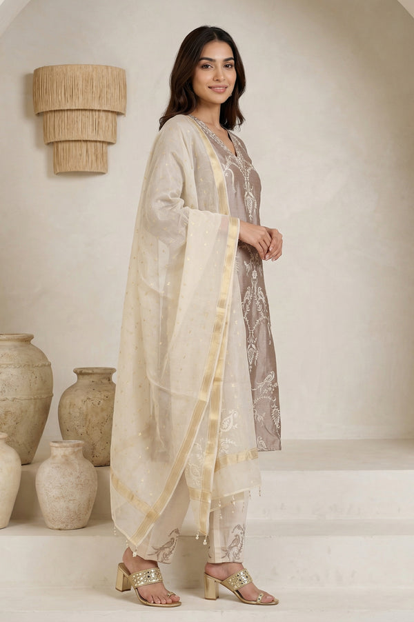 Brown Embroidered Cotton Blend Straight Kurta with Pants and Dupatta Set