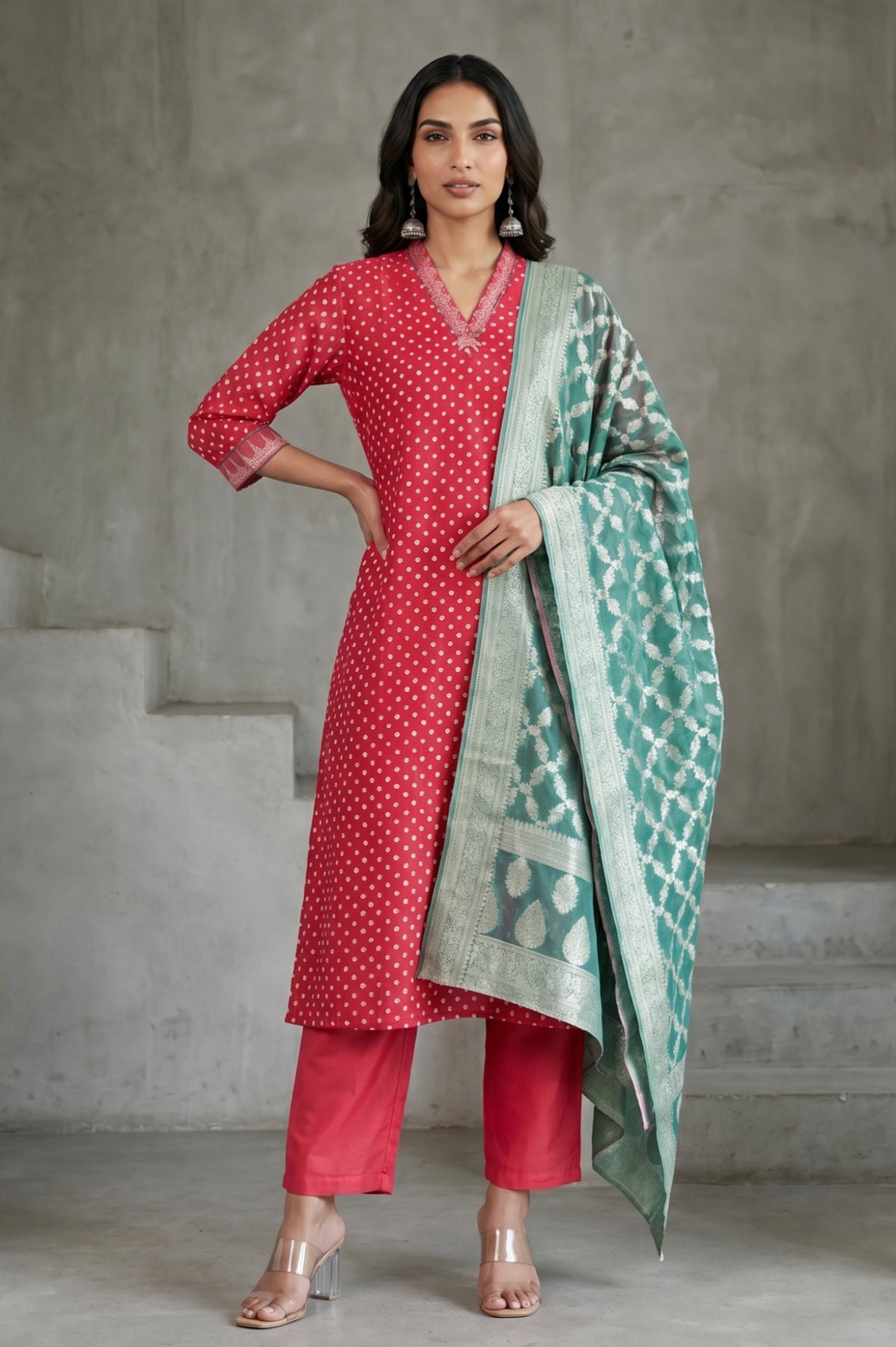 Red Bandhej Cotton Silk Straight Kurta with Pants and Dupatta Set - XS