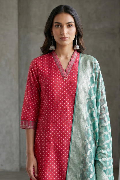 Red Bandhej Cotton Silk Straight Kurta with Pants and Dupatta Set