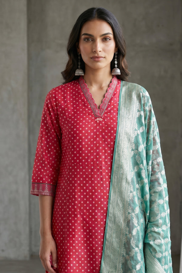 Red Bandhej Cotton Silk Straight Kurta with Pants and Dupatta Set