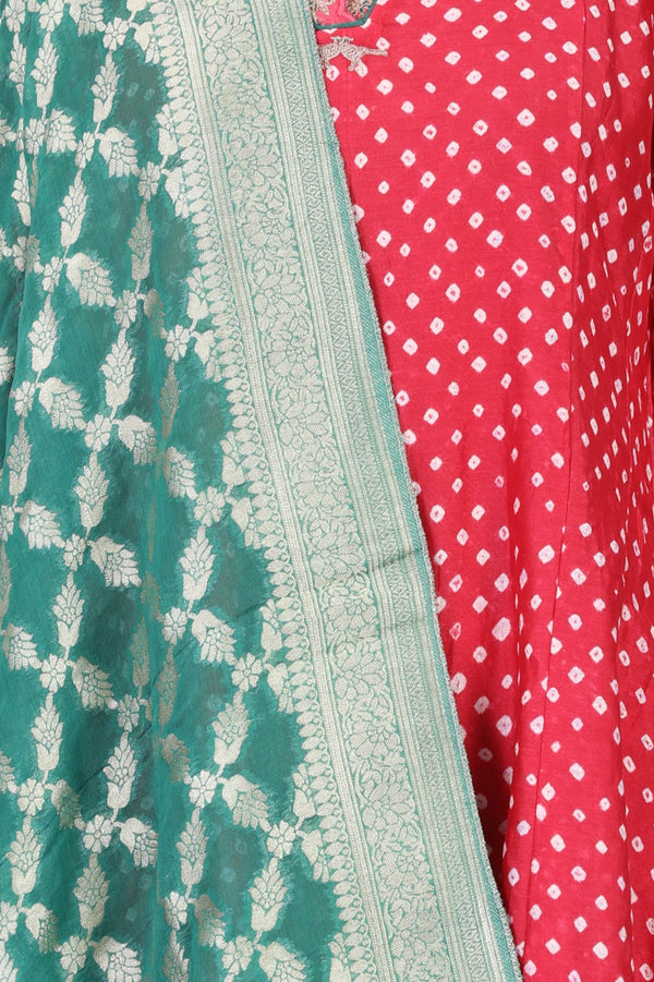 Red Bandhej Cotton Silk Straight Kurta with Pants and Dupatta Set