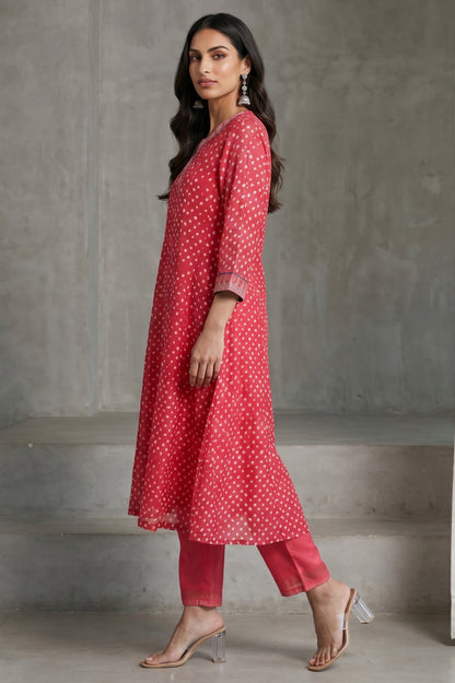 Red Bandhej Cotton Silk Straight Kurta with Pants and Dupatta Set