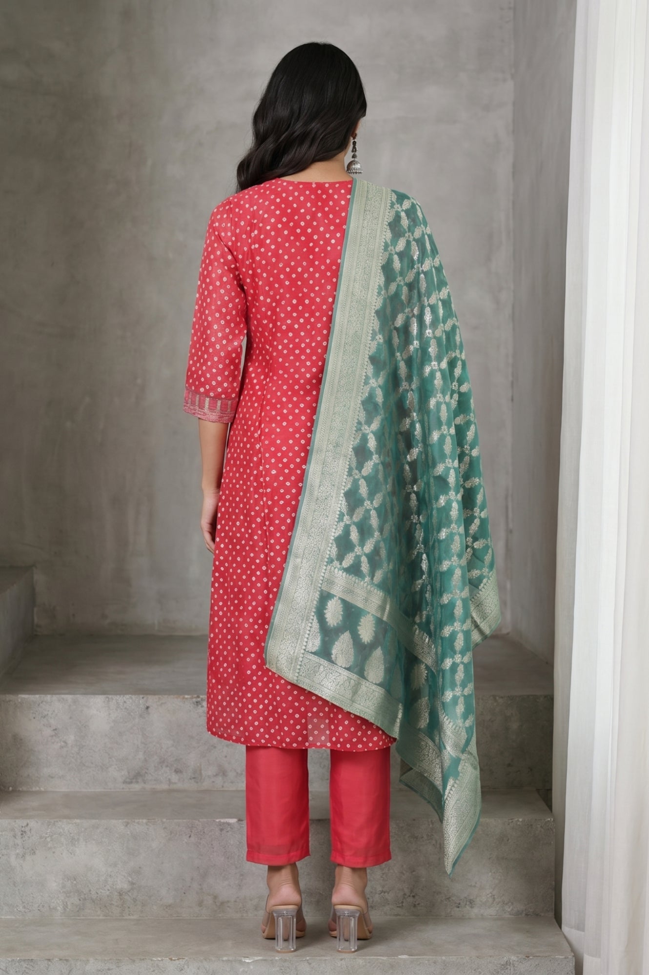 Red Bandhej Cotton Silk Straight Kurta with Pants and Dupatta Set