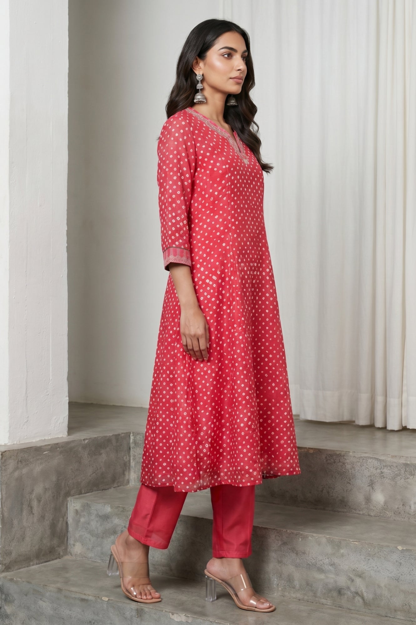 Red Bandhej Cotton Silk Straight Kurta with Pants and Dupatta Set