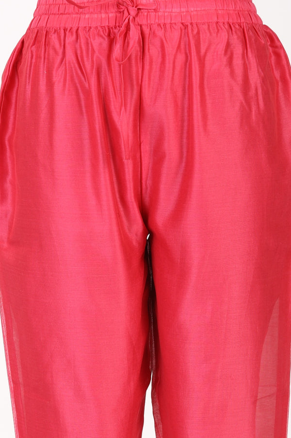 Red Bandhej Cotton Silk Straight Kurta with Pants and Dupatta Set