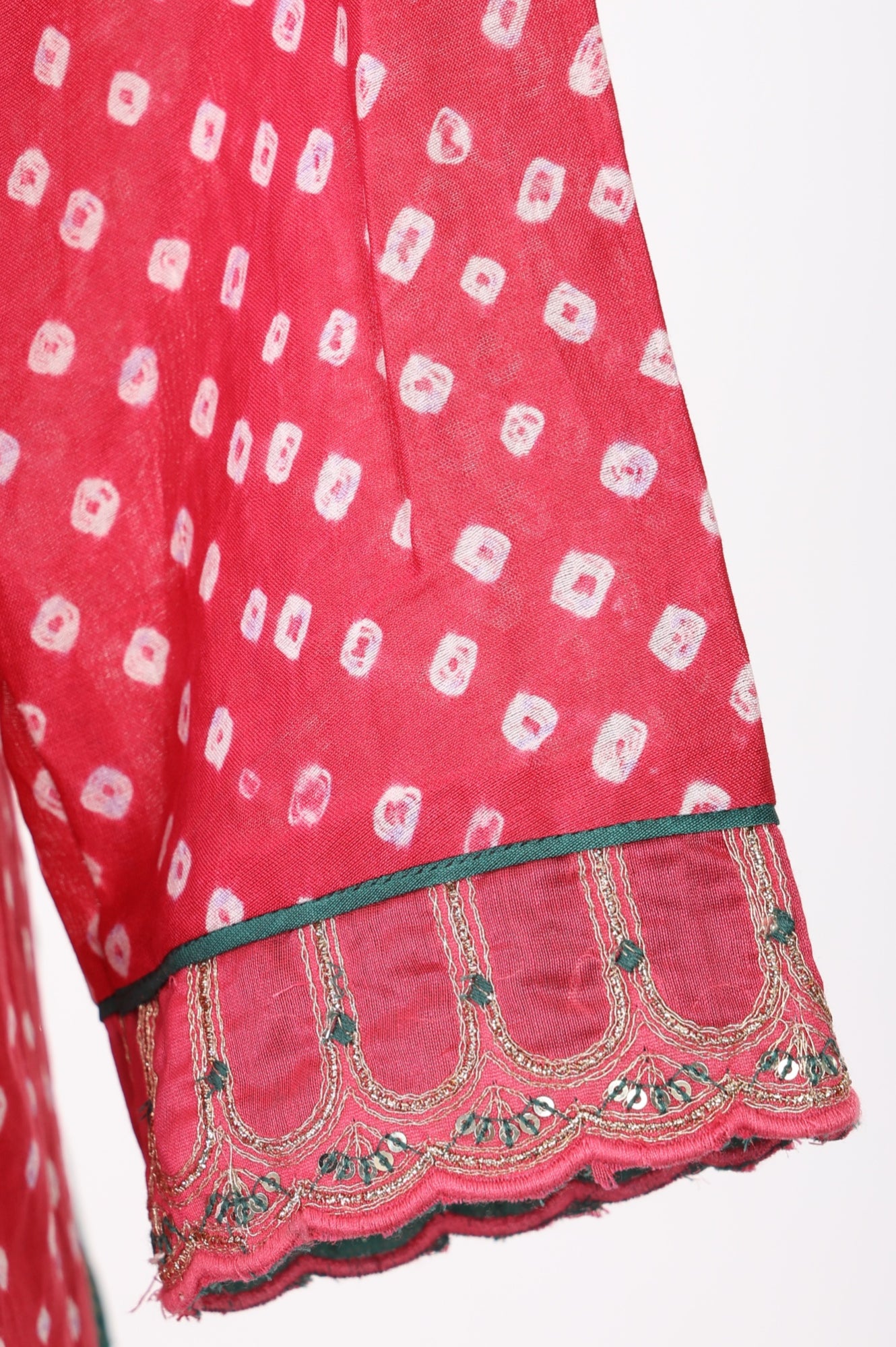 Red Bandhej Cotton Silk Straight Kurta with Pants and Dupatta Set
