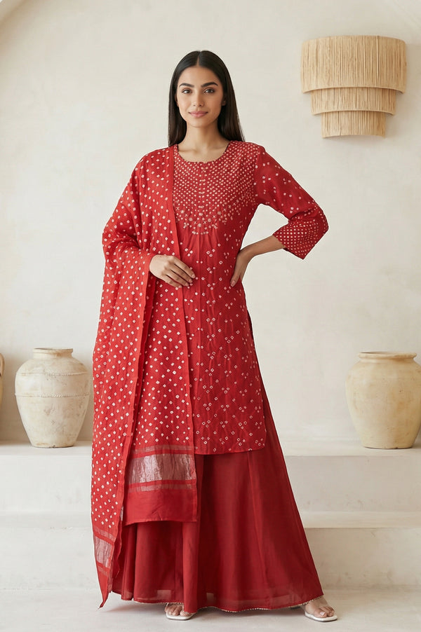 Red Bandhni Mirror Work Silk Blend Straight Kurta with Pant and Dupatta Set