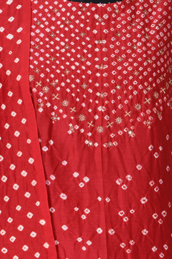 Red Bandhni Mirror Work Silk Blend Straight Kurta with Pant and Dupatta Set