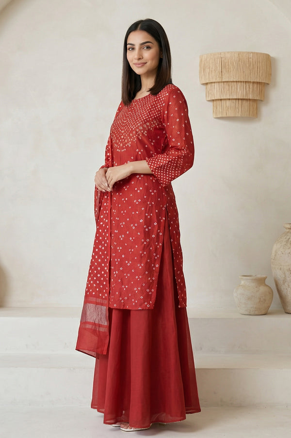 Red Bandhni Mirror Work Silk Blend Straight Kurta with Pant and Dupatta Set