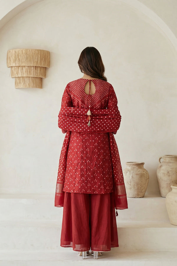 Red Bandhni Mirror Work Silk Blend Straight Kurta with Pant and Dupatta Set