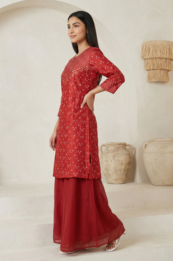 Red Bandhni Mirror Work Silk Blend Straight Kurta with Pant and Dupatta Set