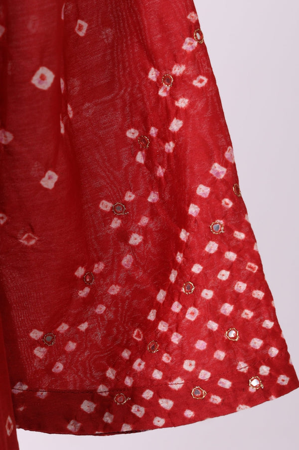 Red Bandhni Mirror Work Silk Blend Straight Kurta with Pant and Dupatta Set