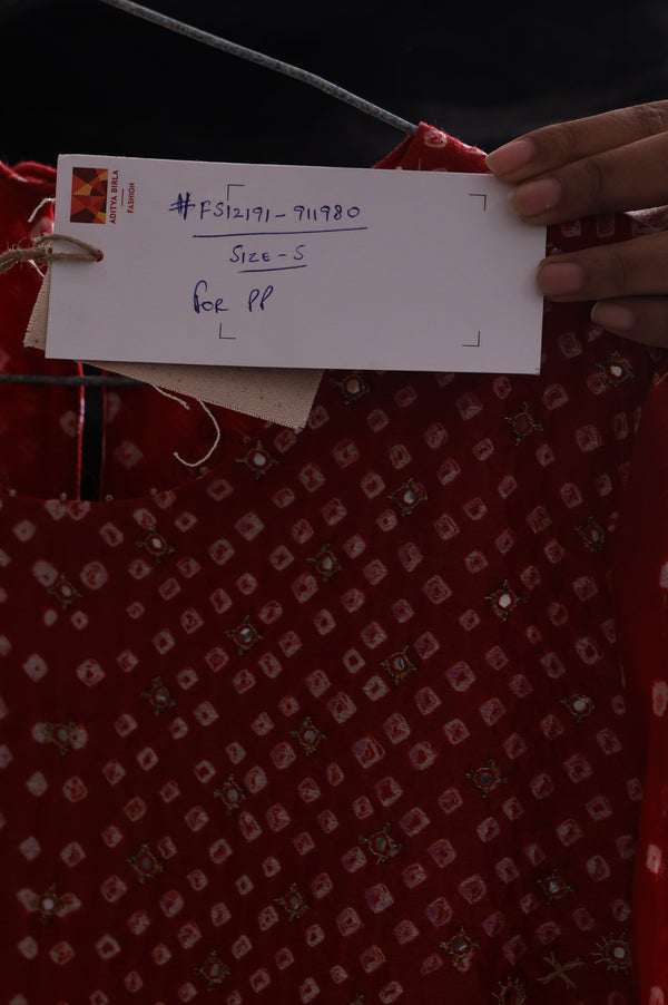 Red Bandhni Mirror Work Silk Blend Straight Kurta with Pant and Dupatta Set