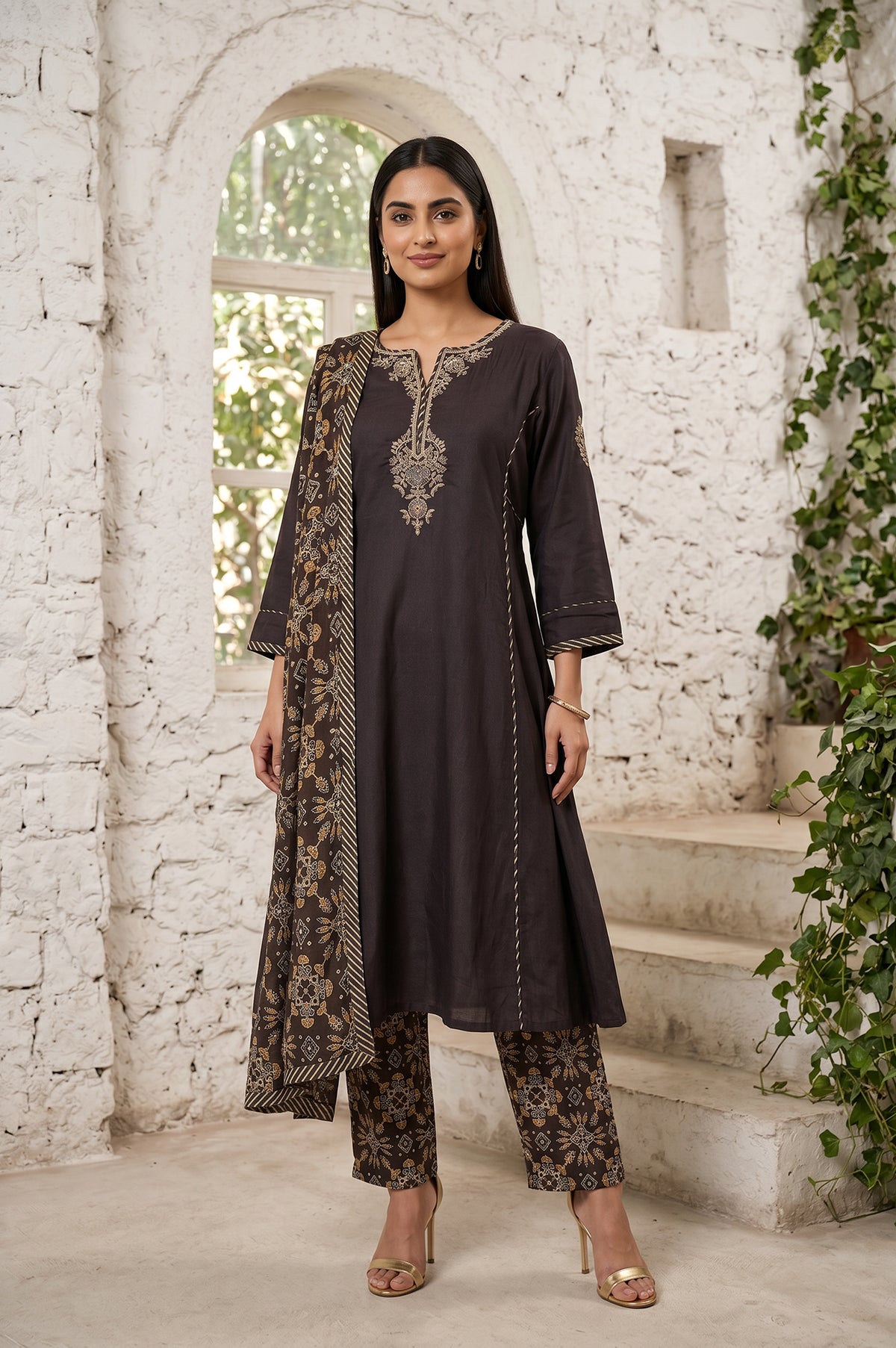 Brown Thread Embroidered Tussar Silk A-Line Kurta With Pants and Dupatta Set - XS