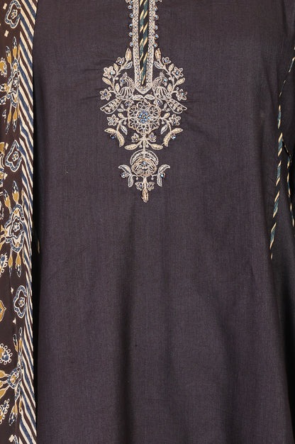 Brown Thread Embroidered Tussar Silk A-Line Kurta With Pants and Dupatta Set