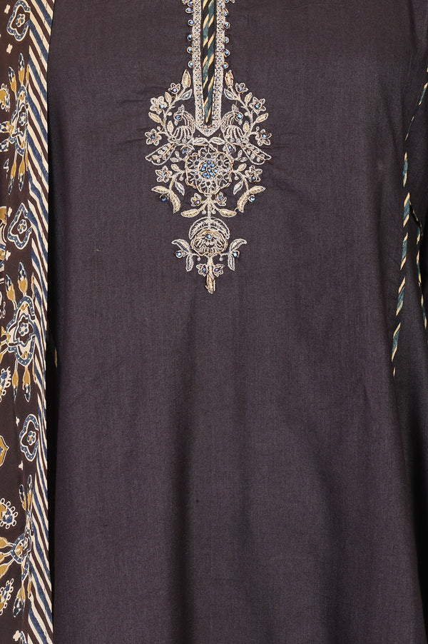 Brown Thread Embroidered Tussar Silk A-Line Kurta With Pants and Dupatta Set
