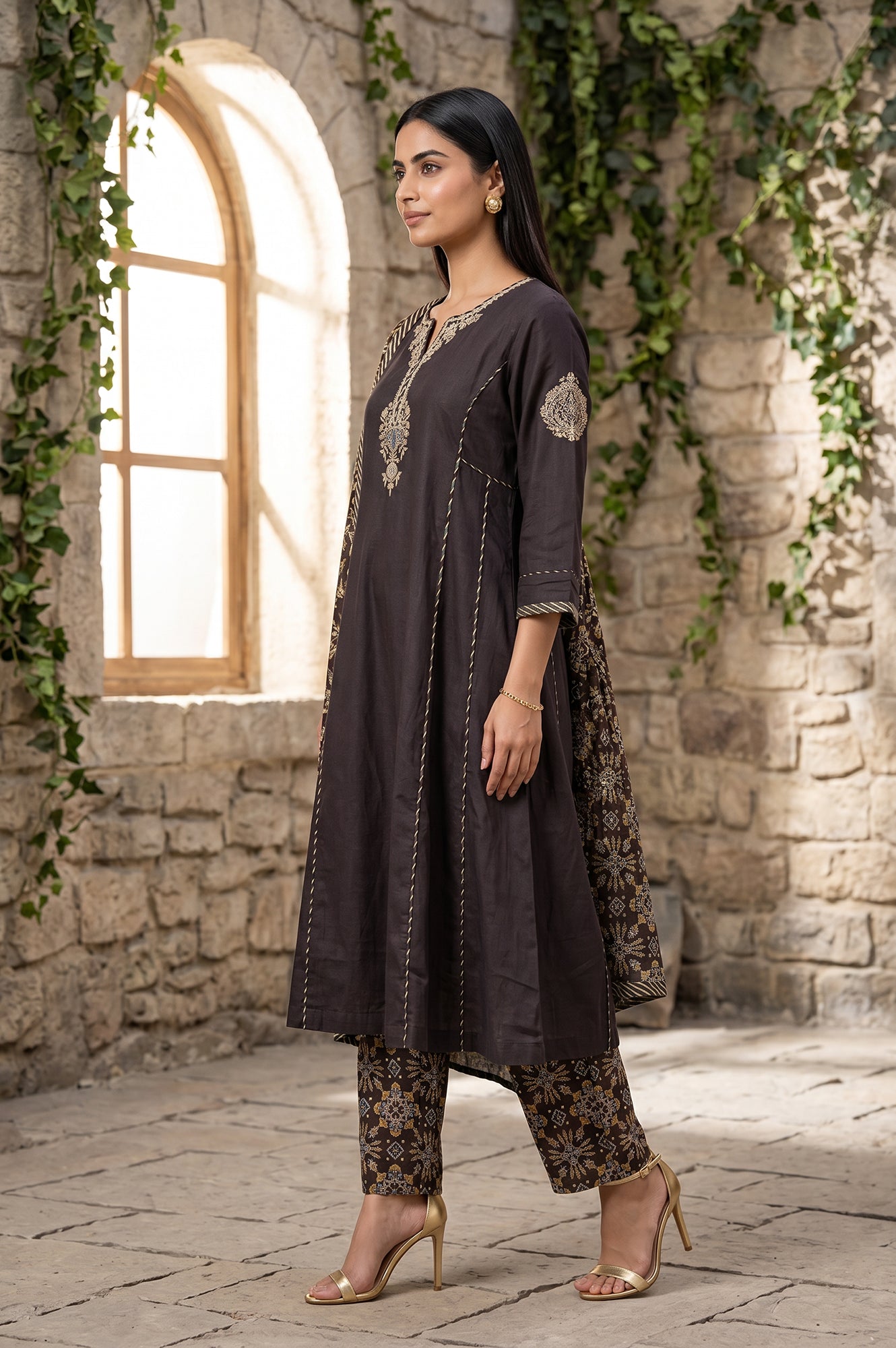 Brown Thread Embroidered Tussar Silk A-Line Kurta With Pants and Dupatta Set
