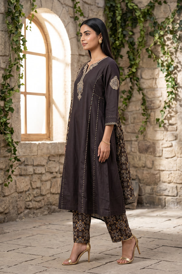 Brown Thread Embroidered Tussar Silk A-Line Kurta With Pants and Dupatta Set