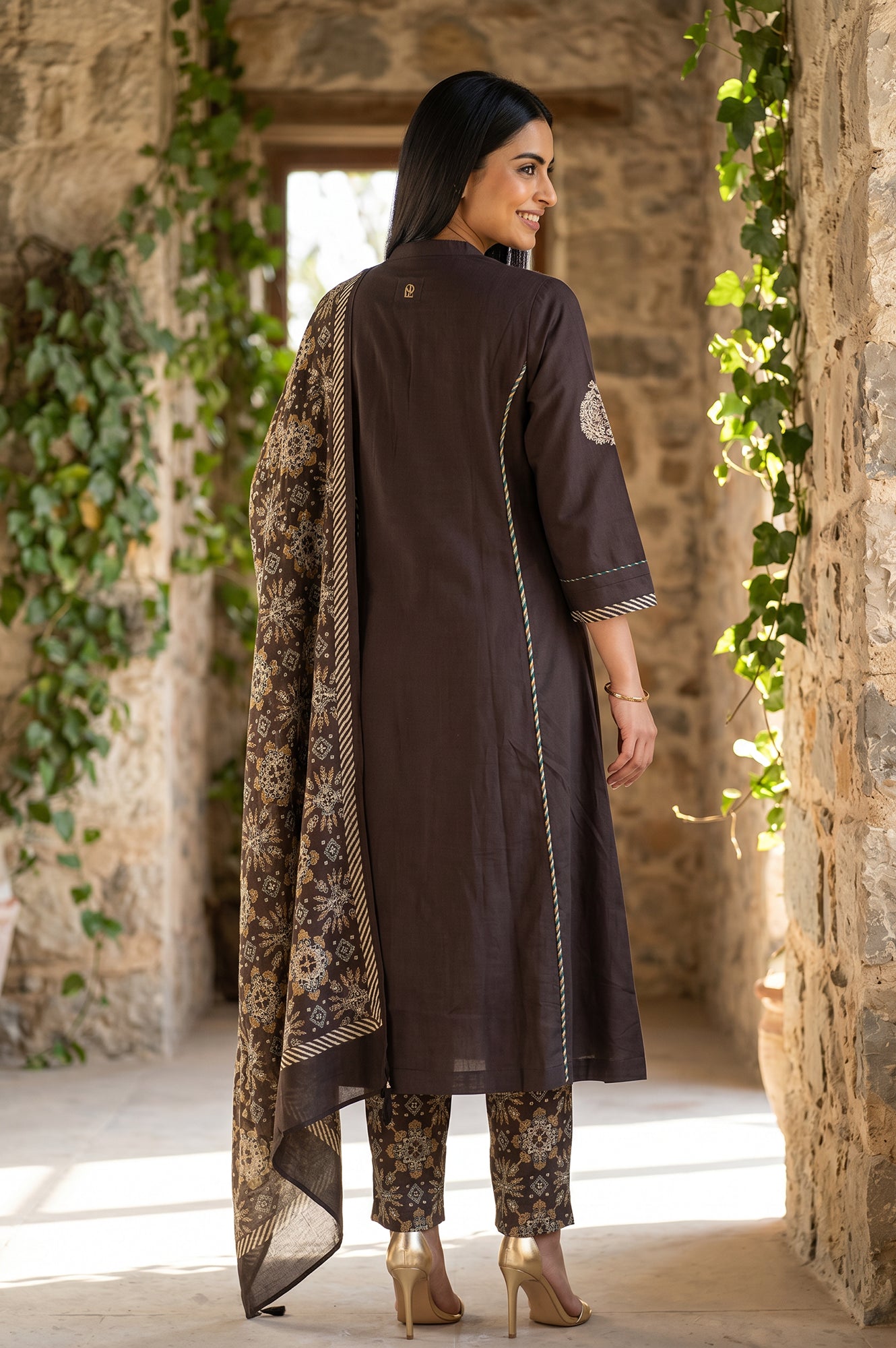 Brown Thread Embroidered Tussar Silk A-Line Kurta With Pants and Dupatta Set