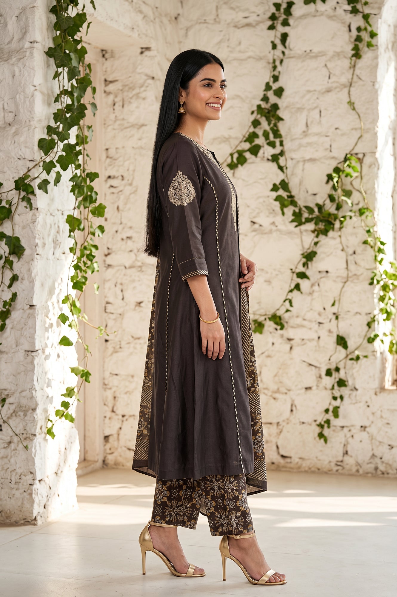 Brown Thread Embroidered Tussar Silk A-Line Kurta With Pants and Dupatta Set