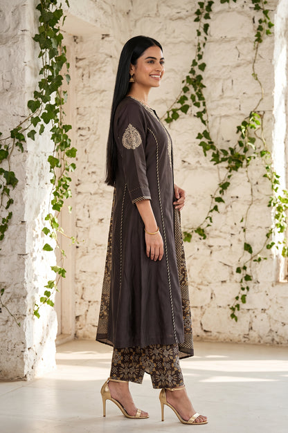 Brown Thread Embroidered Tussar Silk A-Line Kurta With Pants and Dupatta Set