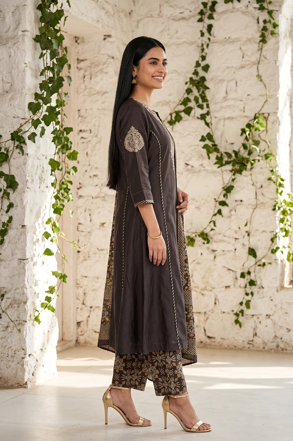 Brown Thread Embroidered Tussar Silk A-Line Kurta With Pants and Dupatta Set
