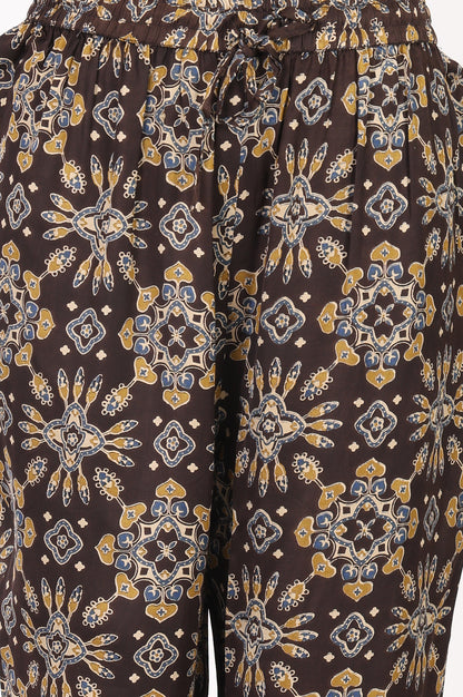Brown Thread Embroidered Tussar Silk A-Line Kurta With Pants and Dupatta Set