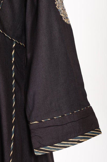 Brown Thread Embroidered Tussar Silk A-Line Kurta With Pants and Dupatta Set