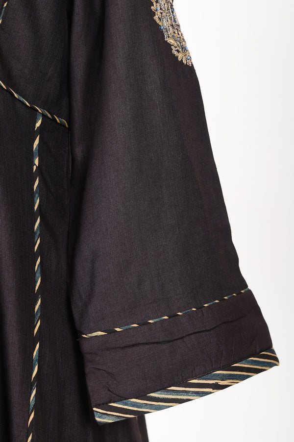 Brown Thread Embroidered Tussar Silk A-Line Kurta With Pants and Dupatta Set