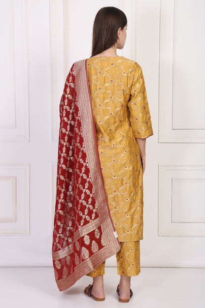 Mustard Jacquard Straight Kurta with Straight Pant and Dupatta Set