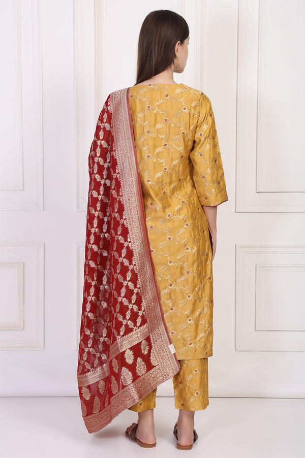 Mustard Jacquard Straight Kurta with Straight Pant and Dupatta Set