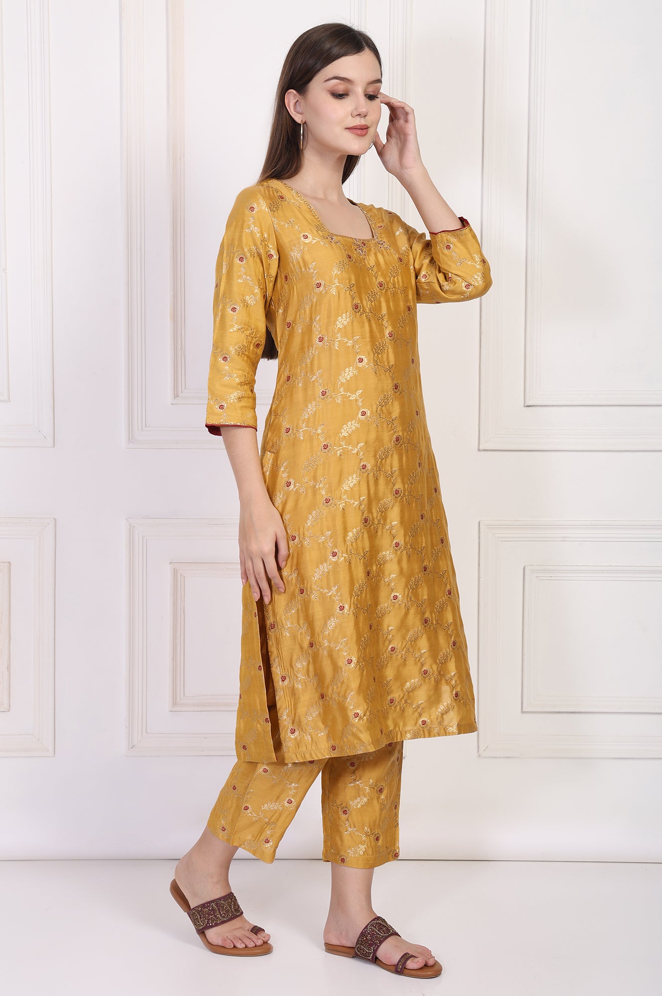 Mustard Jacquard Straight Kurta with Straight Pant and Dupatta Set