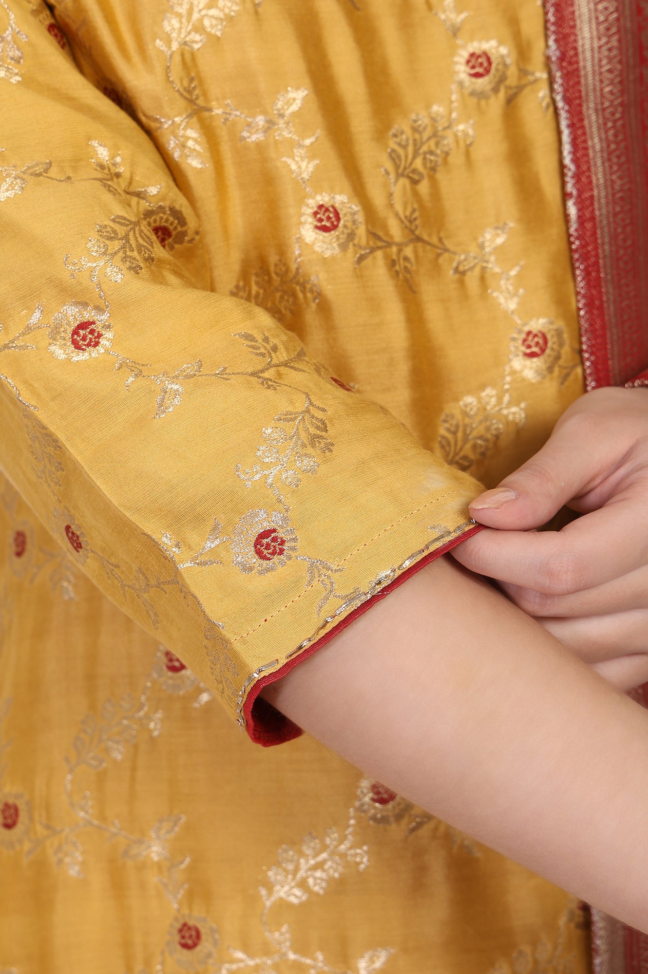 Mustard Jacquard Straight Kurta with Straight Pant and Dupatta Set