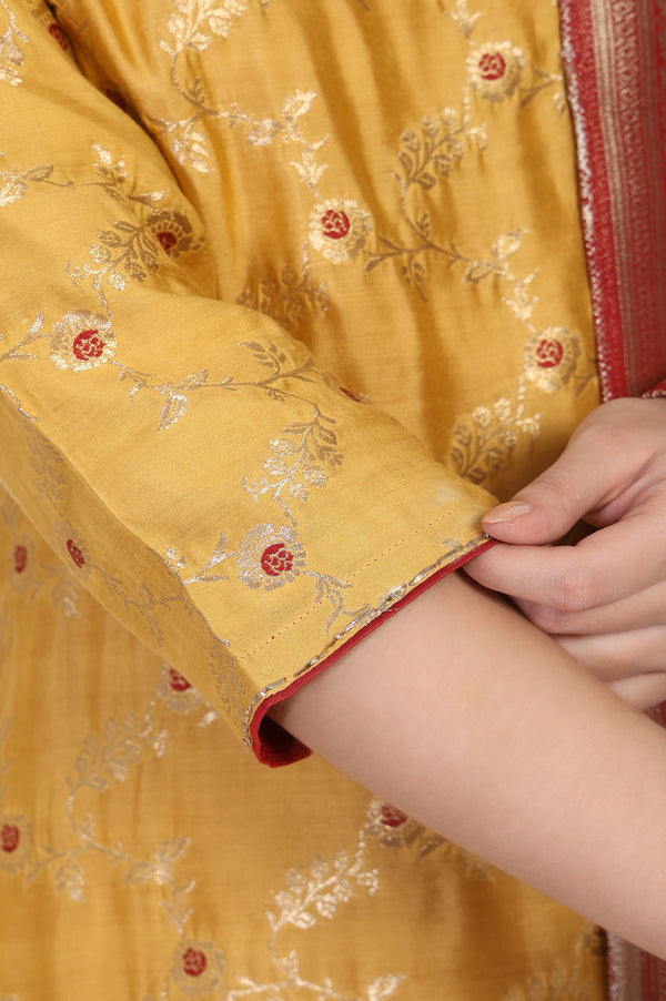 Mustard Jacquard Straight Kurta with Straight Pant and Dupatta Set