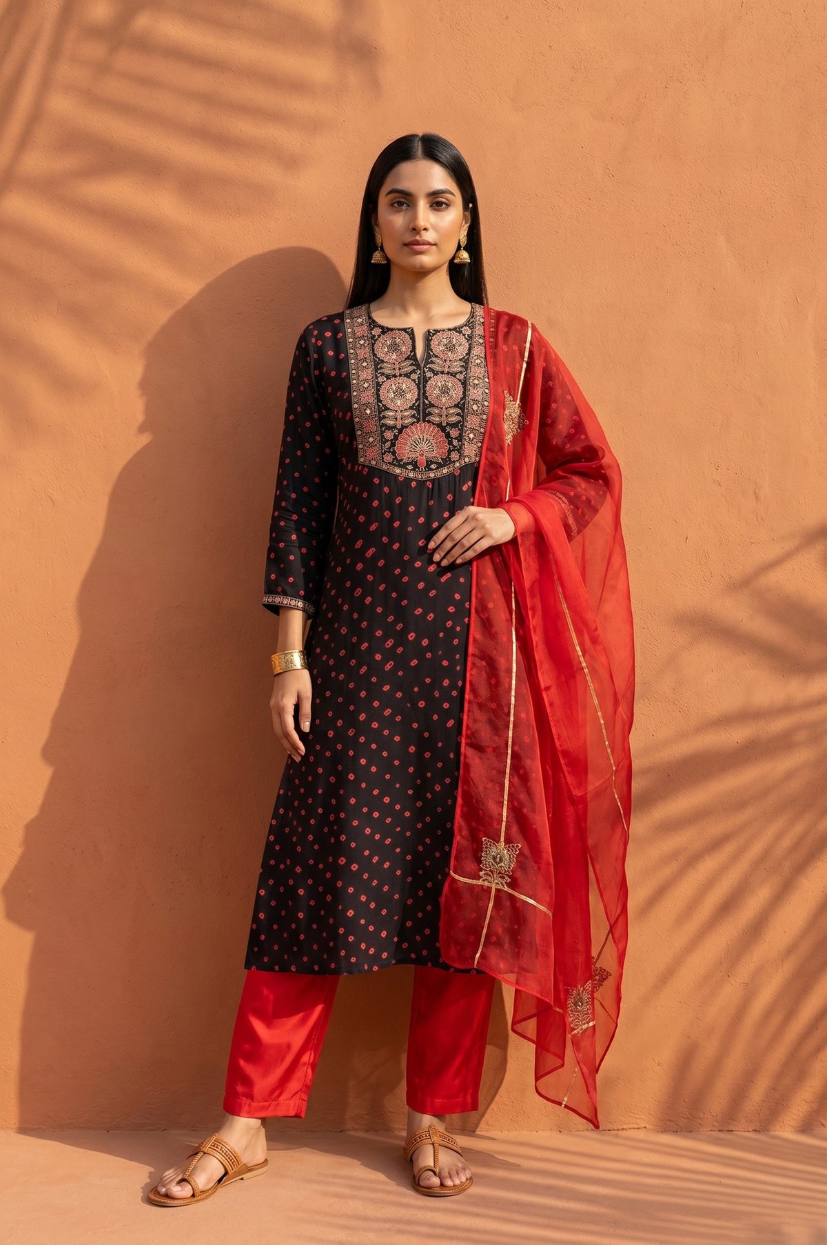 Black Bandhani Zari Embroidered Modal Satin Straight Kurta with Pants and Dupatta Set