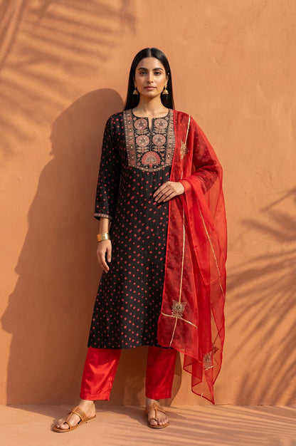 Black Bandhani Zari Embroidered Modal Satin Straight Kurta with Pants and Dupatta Set