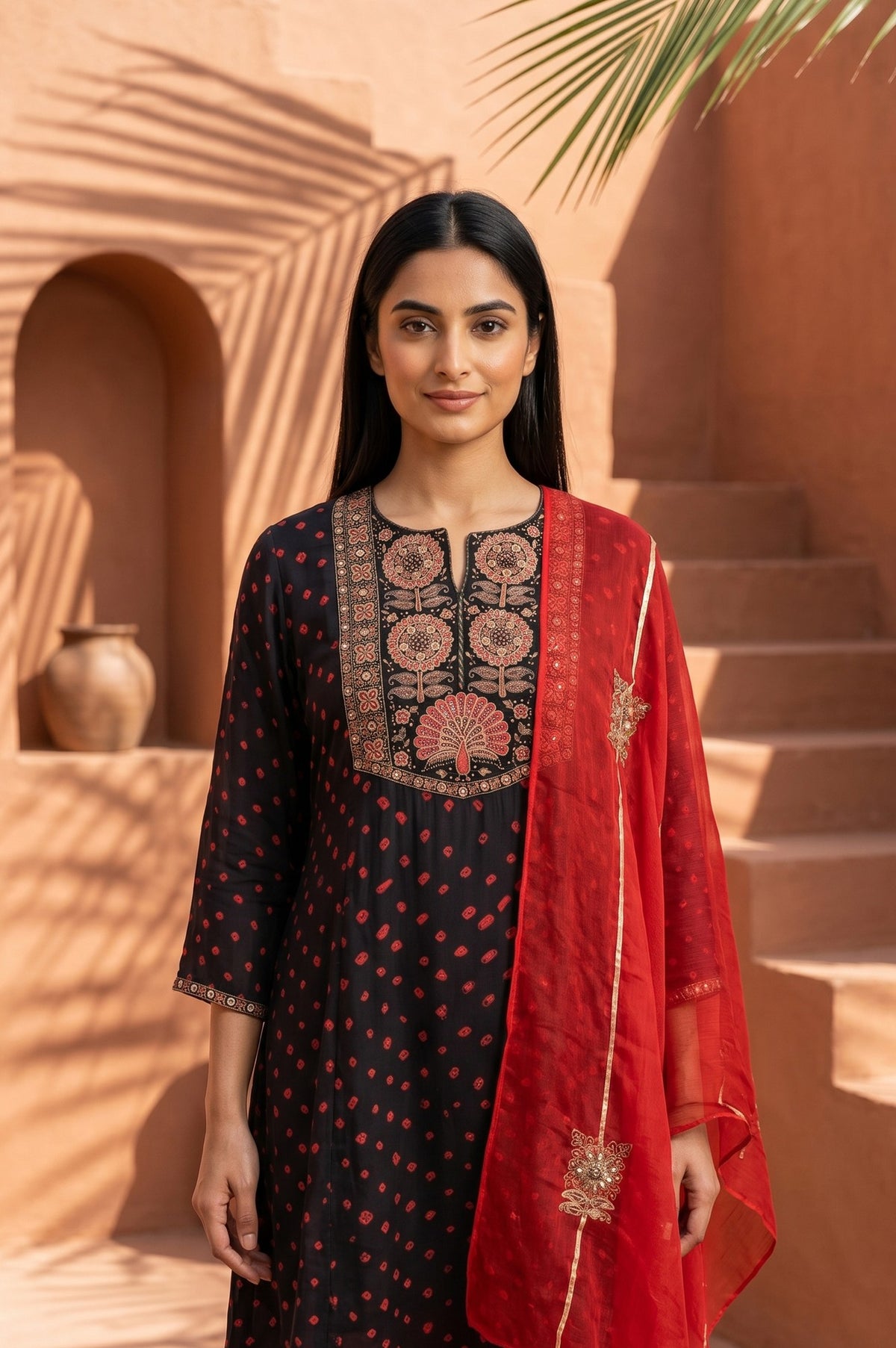 Black Bandhani Zari Embroidered Modal Satin Straight Kurta with Pants and Dupatta Set