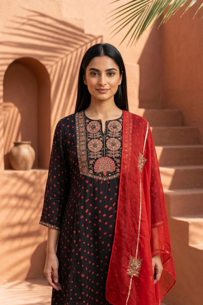 Black Bandhani Zari Embroidered Modal Satin Straight Kurta with Pants and Dupatta Set