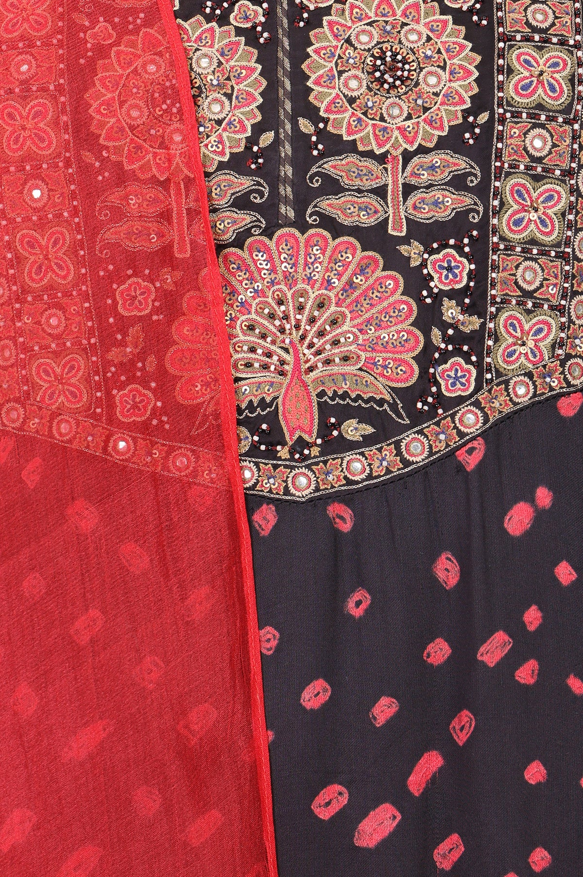 Black Bandhani Zari Embroidered Modal Satin Straight Kurta with Pants and Dupatta Set