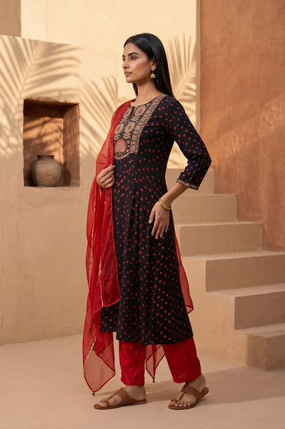 Black Bandhani Zari Embroidered Modal Satin Straight Kurta with Pants and Dupatta Set