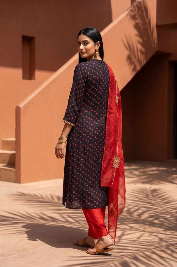 Black Bandhani Zari Embroidered Modal Satin Straight Kurta with Pants and Dupatta Set